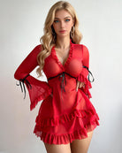 Red sheer mesh chemise babydoll lingerie with ruffled tiers and long sleeves