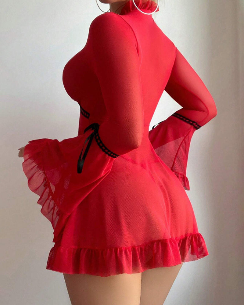 Red sheer mesh short chemise with ruffled hem, long sleeves, and ribbon ties