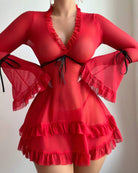 Red sheer mesh babydoll chemise with ruffled V-neck, long sleeves, and ribbon bows
