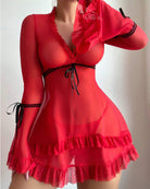 Red sheer mesh babydoll chemise with tiered ruffle hem and long bell sleeves with ties