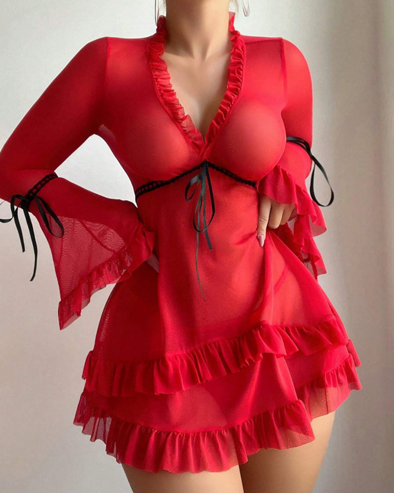 Red sheer mesh babydoll chemise with ruffled trim, long sleeves, and ribbon tie front