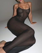 Black sheer mesh full-body maxi lingerie dress with thin straps and long bodycon fit
