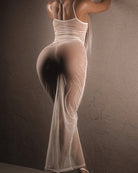 White sheer mesh maxi lingerie dress close-up, ruched bodice and long bodycon skirt