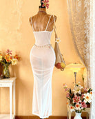 White sheer mesh maxi lingerie dress on mannequin, thin straps and long bodycon fit