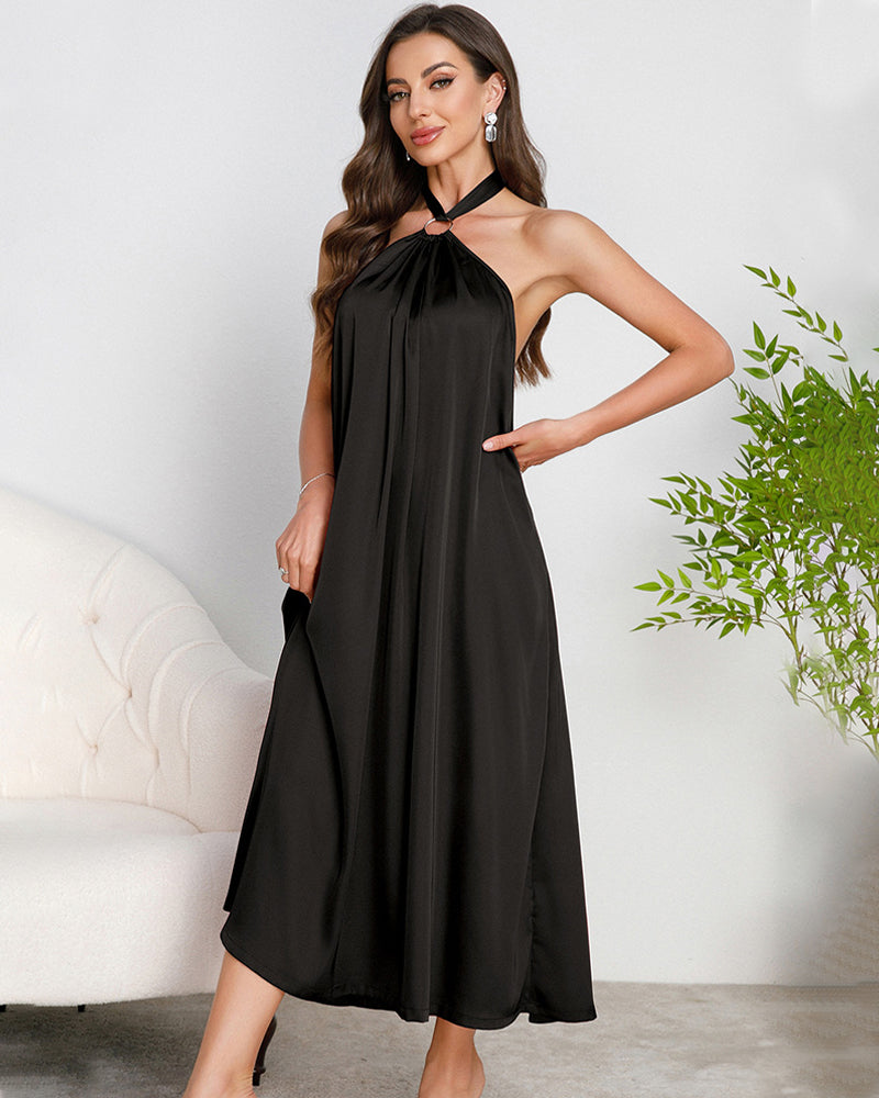 Black satin halter maxi dress with O-ring halter and backless cut