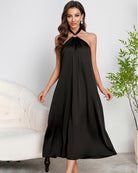 Black satin halter maxi dress with O-ring neck and backless V-back