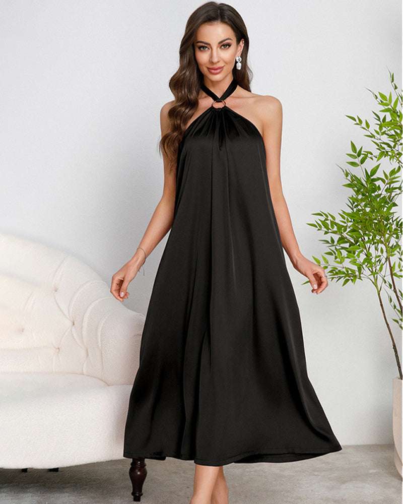 Black satin halter maxi dress with O-ring neck and backless V-back
