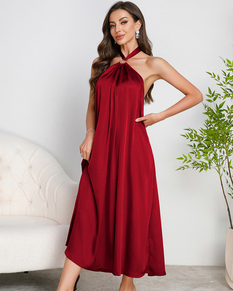 Red satin halter maxi dress with O-ring halter and backless V-back