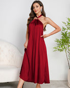 Red satin halter maxi dress with O-ring halter and backless V-back
