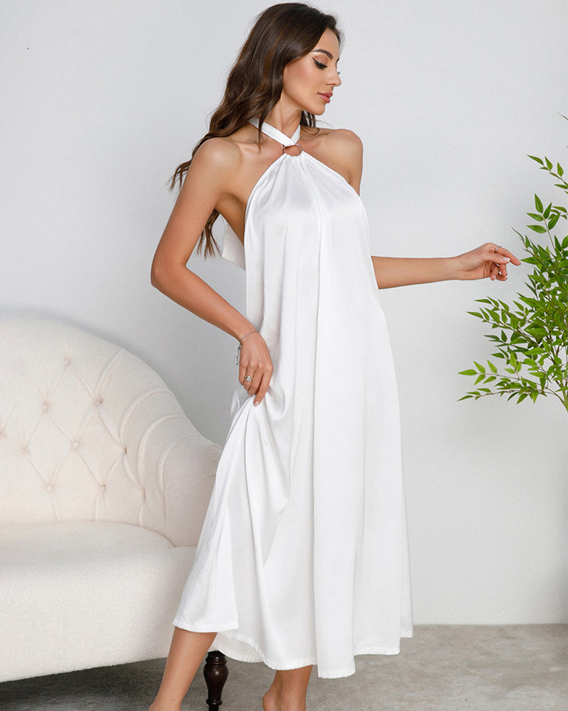 White satin halter maxi slip dress with halter bow and open V-back
