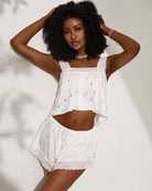 White bow print cami and shorts pajama set with scalloped lace trim