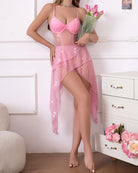 Pink sheer babydoll lingerie with underwire cups and long asymmetric star-dotted hem