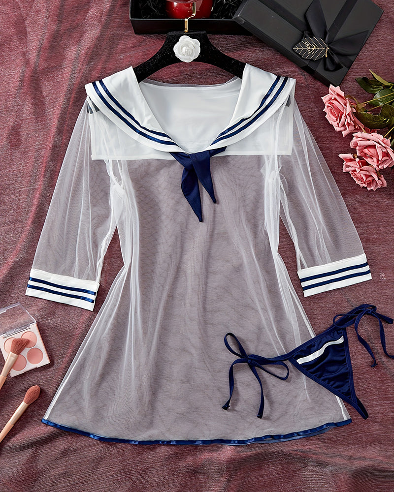 Sheer mesh sailor dress with navy-striped sleeves and tied thong