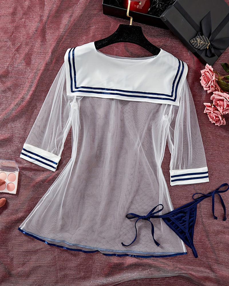 Sheer sailor-style mesh dress with navy collar trim and thong