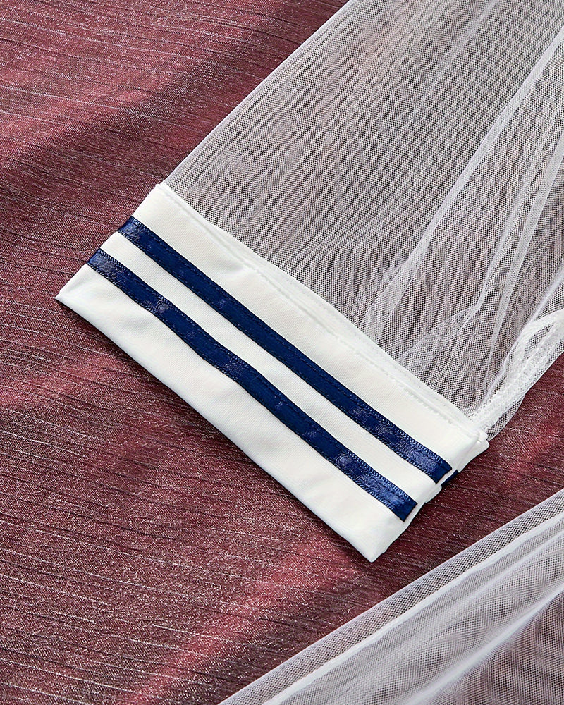 Sheer mesh sleeve hem with navy double stripe