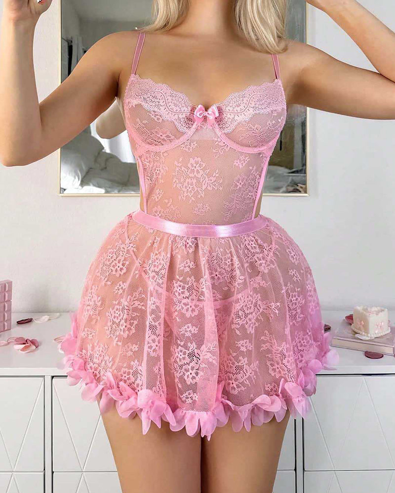 Pink floral lace babydoll lingerie with front bow and petal ruffle hem