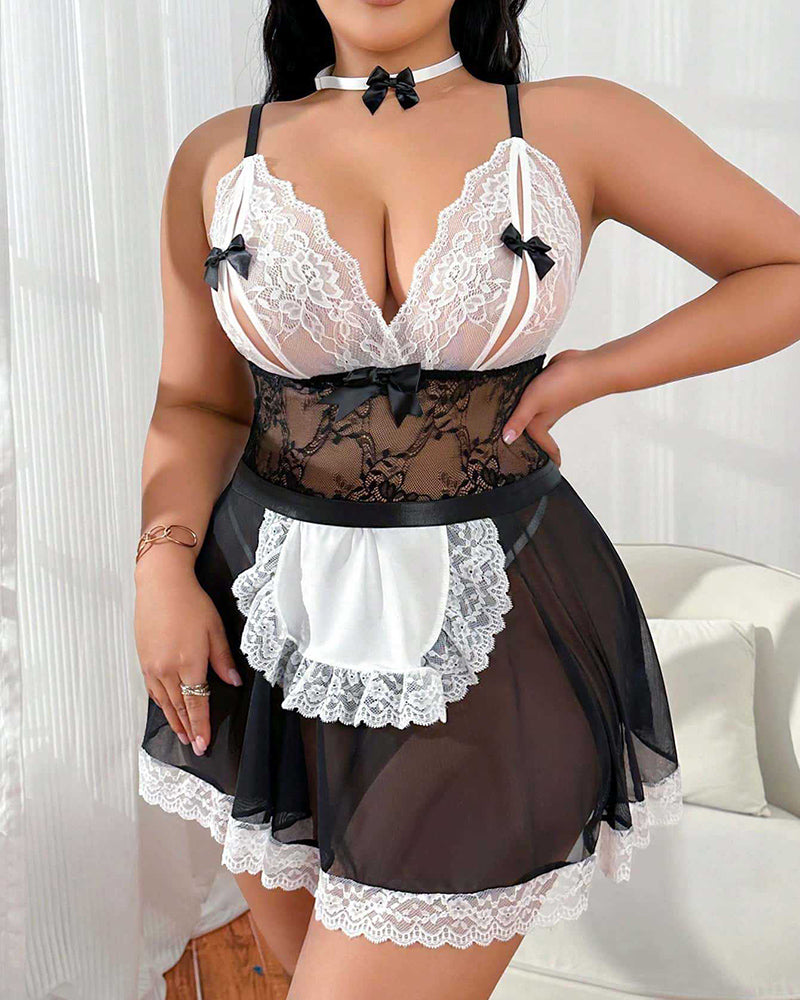 Maid babydoll dress with black sheer skirt, white lace ruffles and bow choker
