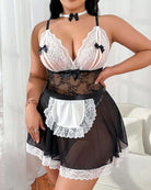 Maid babydoll dress with black sheer skirt, white lace ruffles and bow choker
