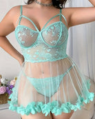 Teal lace mesh babydoll lingerie with sheer panels, underwire cups, and ruffled hem