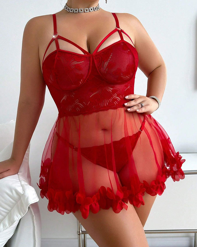 Red lace mesh babydoll lingerie with underwire cups, sheer bodice, and ruffled tulle skirt