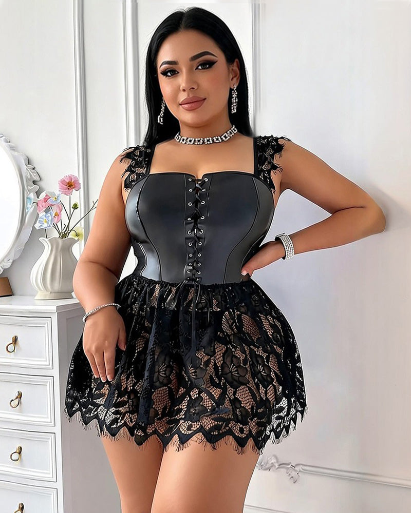 Black faux leather corset lingerie with lace skirt hem, lace-up front and boned panel detail