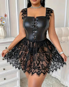 Black faux leather corset lingerie with lace skirt, lace-up front, and ruffled shoulder lace