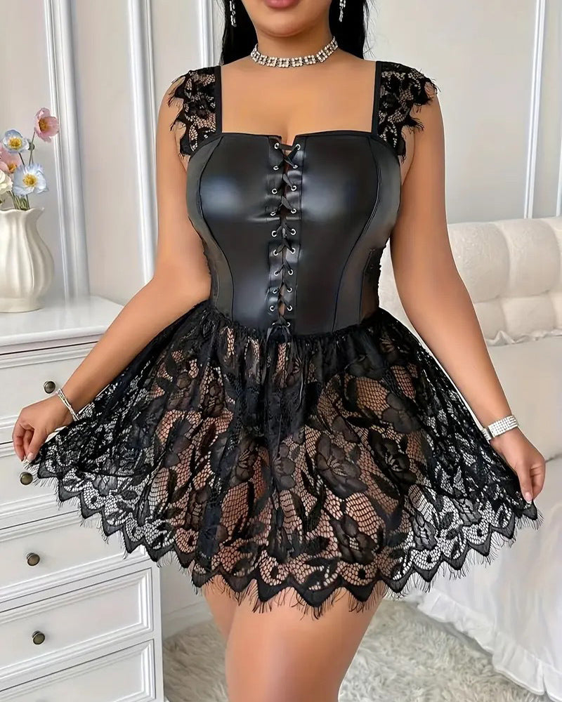 Black faux leather corset lingerie with lace skirt, lace-up front, and ruffled shoulder lace