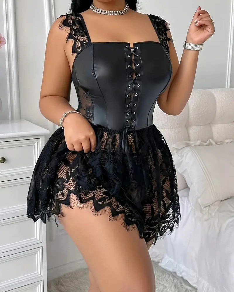 Black faux leather corset lingerie with lace mini skirt and lace-up front panel