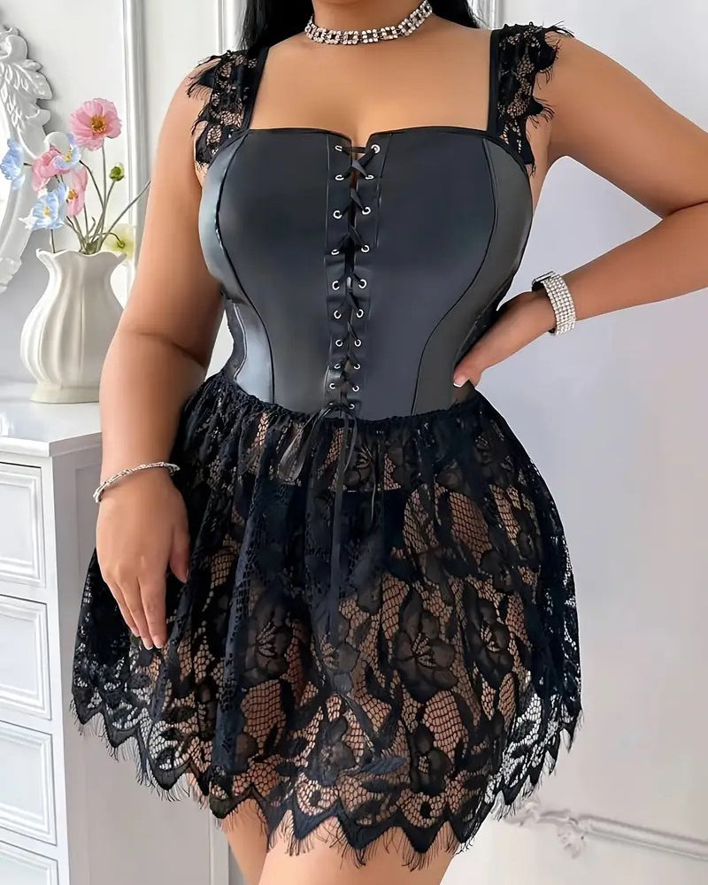 Black faux leather corset lingerie with lace skirt and lace-up front bodice