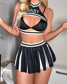 Black cheerleader lingerie set with cut-out bra and pleated skirt, striped trim