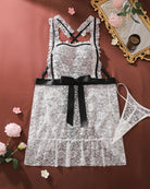 White lace chemise with X-back straps, black satin ribbon and bow, includes lace panty