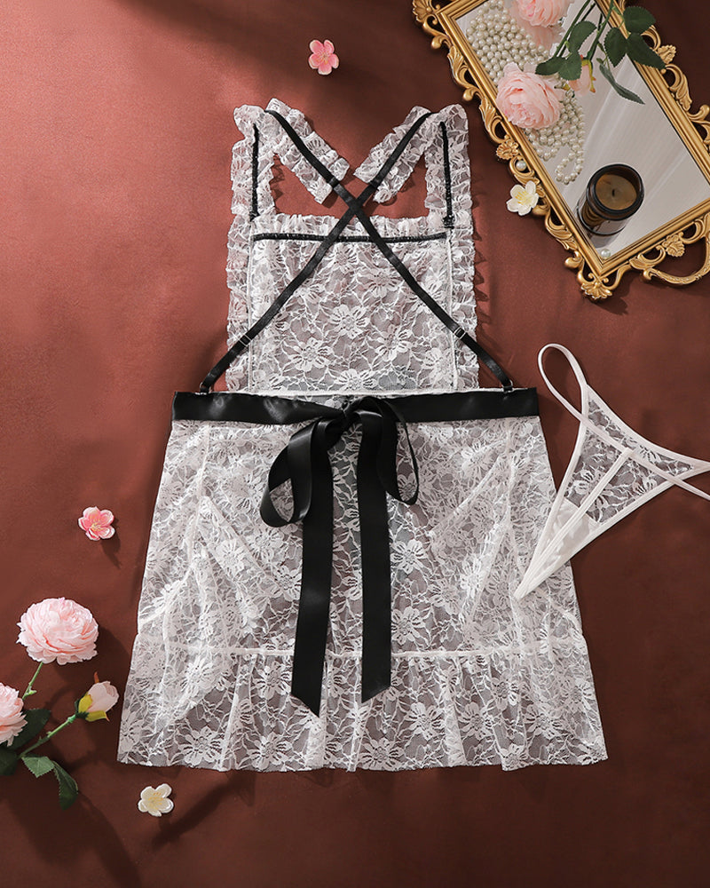Lace chemise mini dress with flared skirt, crisscross straps, black ribbon belt, lace panty