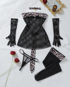 Leopard fishnet strapless mini dress set with gloves, belt, and leg ties
