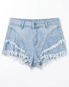 Light blue denim hot shorts flat lay, frayed hem and button fly