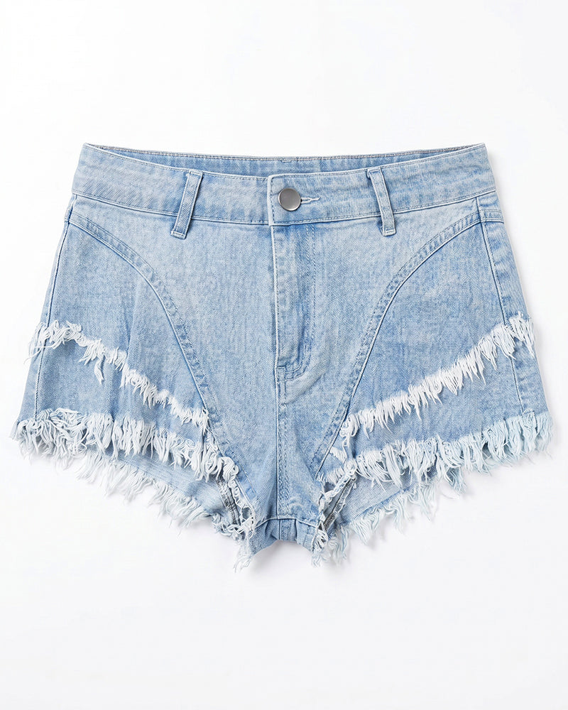 Light blue denim hot shorts flat lay, frayed hem and button fly