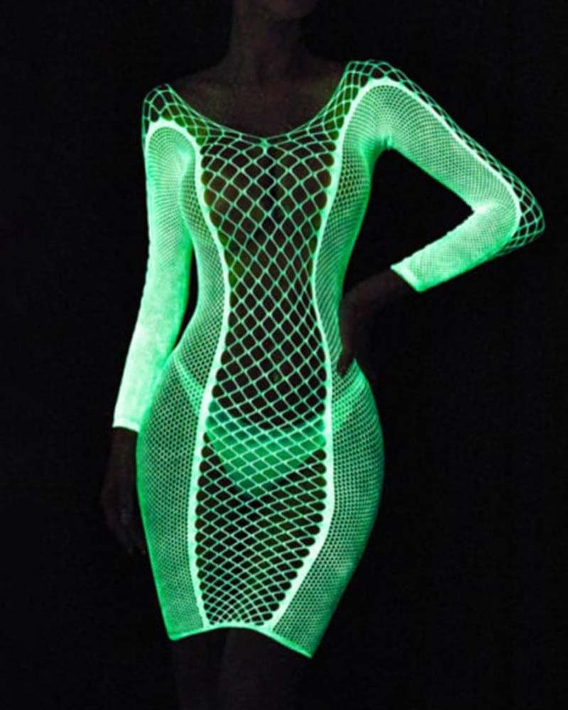 Glow green mesh bodysuit with long sleeves, cutouts, and fishnet texture