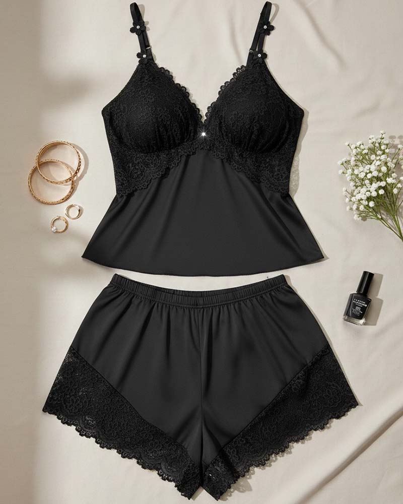 Black lace spaghetti-strap bra and brief set, V-cup design with scalloped lace trim