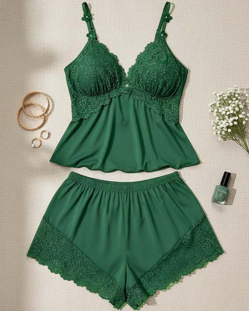 Green lace spaghetti-strap babydoll bra and brief set, pleated bodice and scalloped lace