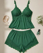 Green lace spaghetti-strap babydoll bra and brief set, pleated bodice and scalloped lace