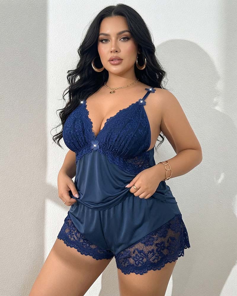 Navy blue floral lace spaghetti-strap lingerie set with matching briefs