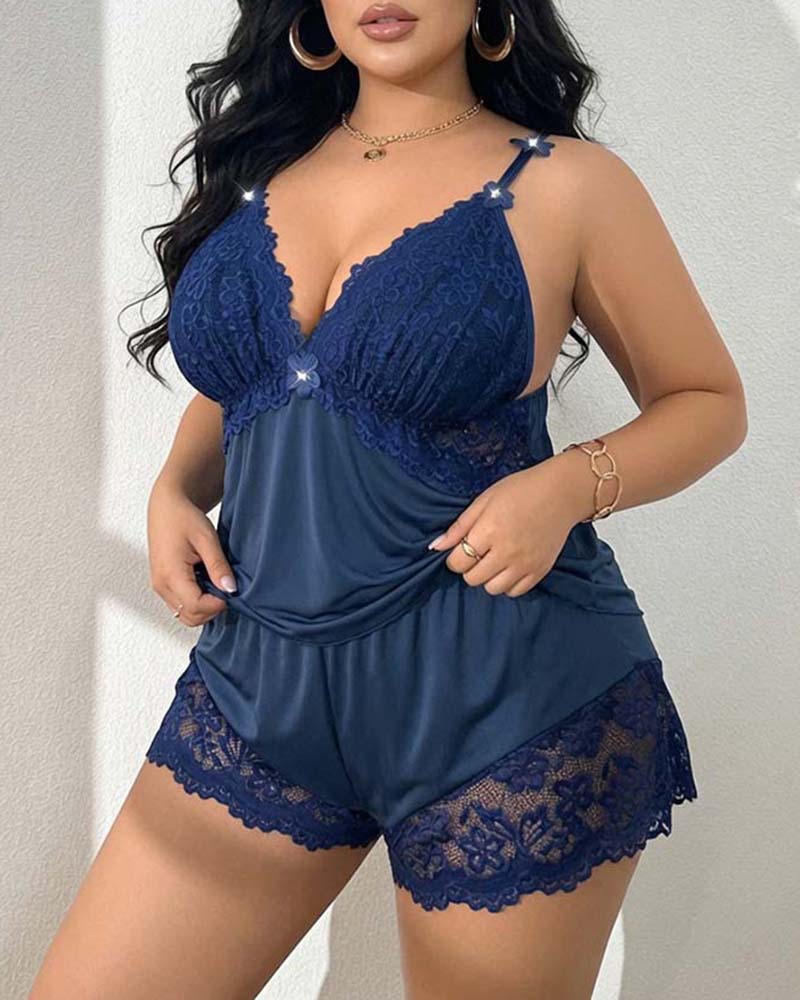 Navy blue floral lace spaghetti-strap babydoll bra and brief set