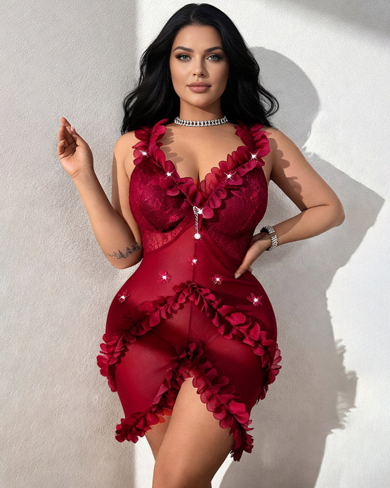 Wine red lace mini chemise dress with plunging neckline, floral ruffle skirt, spaghetti straps