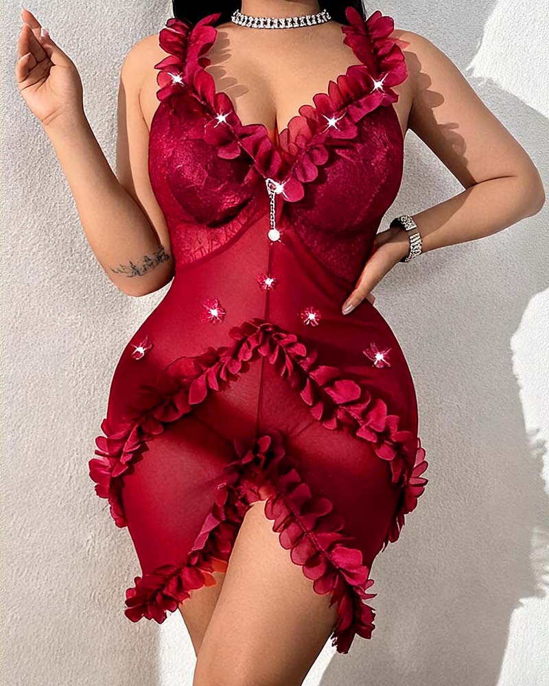 Wine red lace trim mini chemise dress with floral bust ruffles and heart-shaped center detail