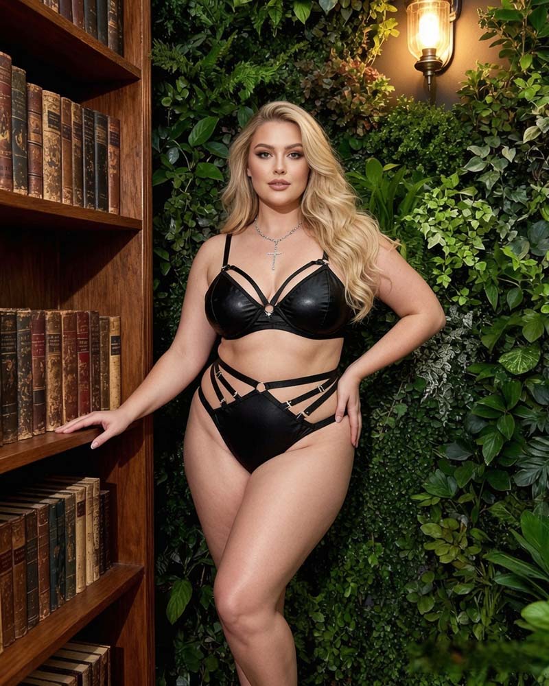 Black strappy bralette and high-waist brief lingerie set with cutout front details