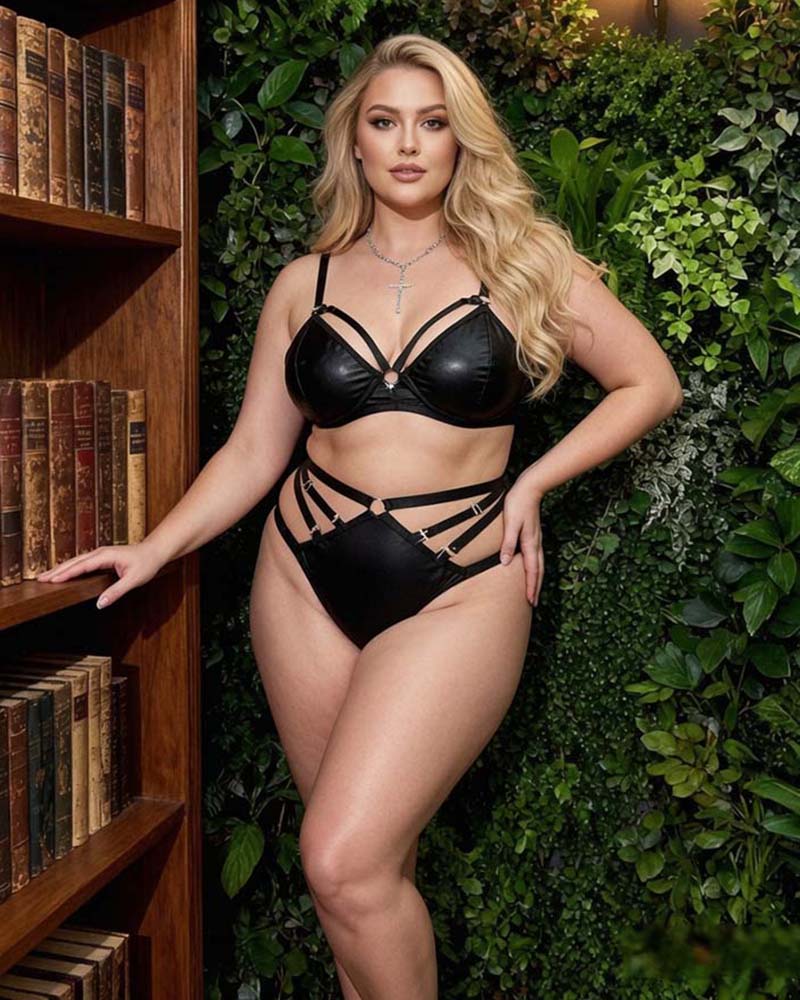Black strappy bralette and high-waist brief lingerie set with crisscross front straps