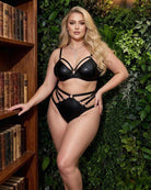 Black strappy bralette and high-waist brief lingerie set with crisscross front straps