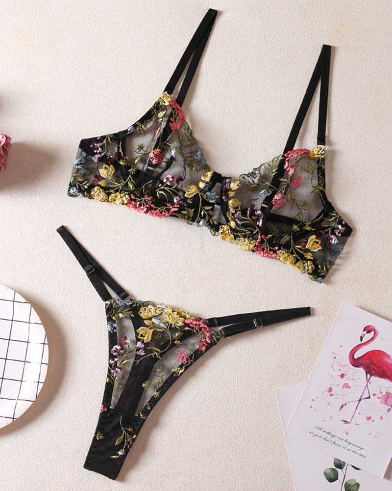 Floral tie-knot bralette and panty set with black base and multicolor print