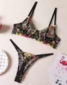 Floral tie-knot bralette and panty set with black base and multicolor print