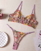 Floral tie-knot bralette and panty set with light purple base and multicolor print