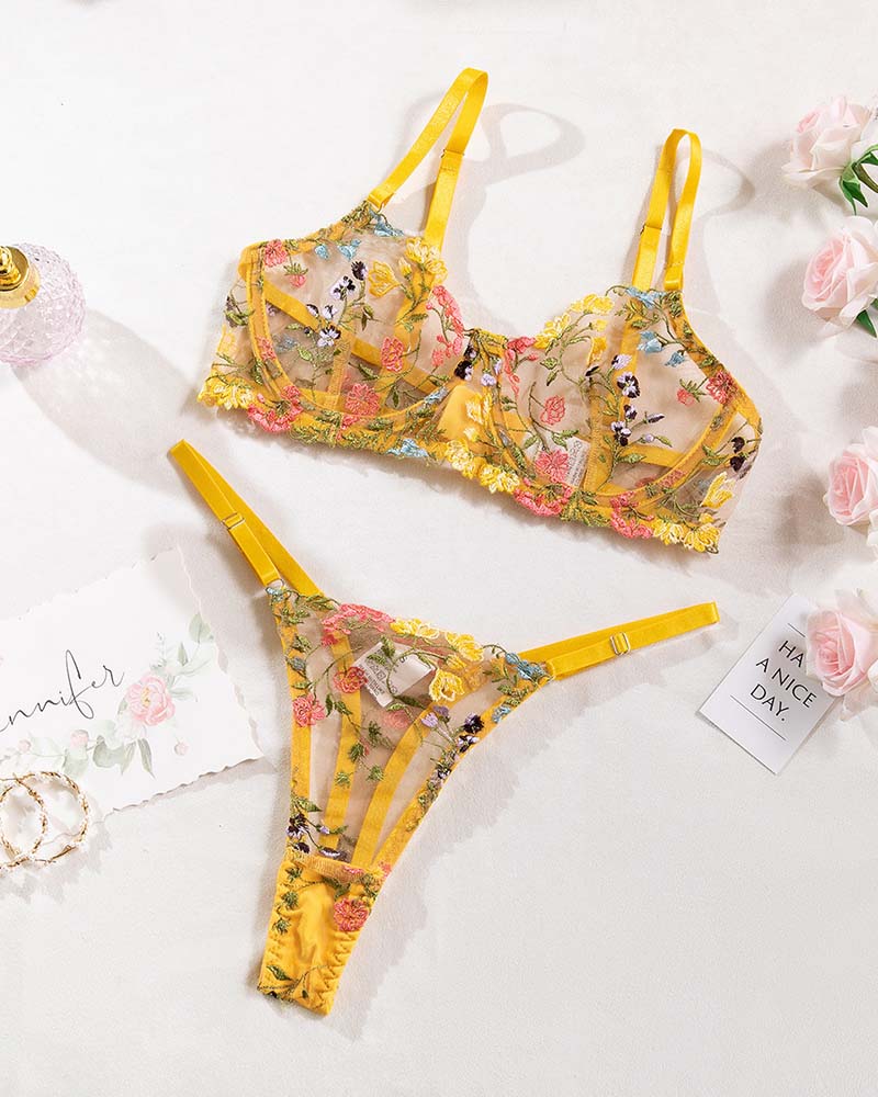 Floral tie-knot bralette and panty set with yellow base and multicolor print